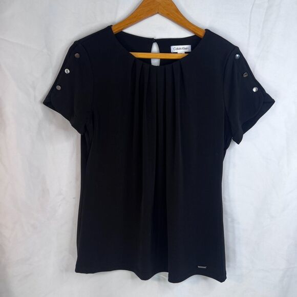 Calvin Klein Tab Shoulder Pleated Neckline Neutral Minimalist Blouse Size Medium - Picture 11 of 11
